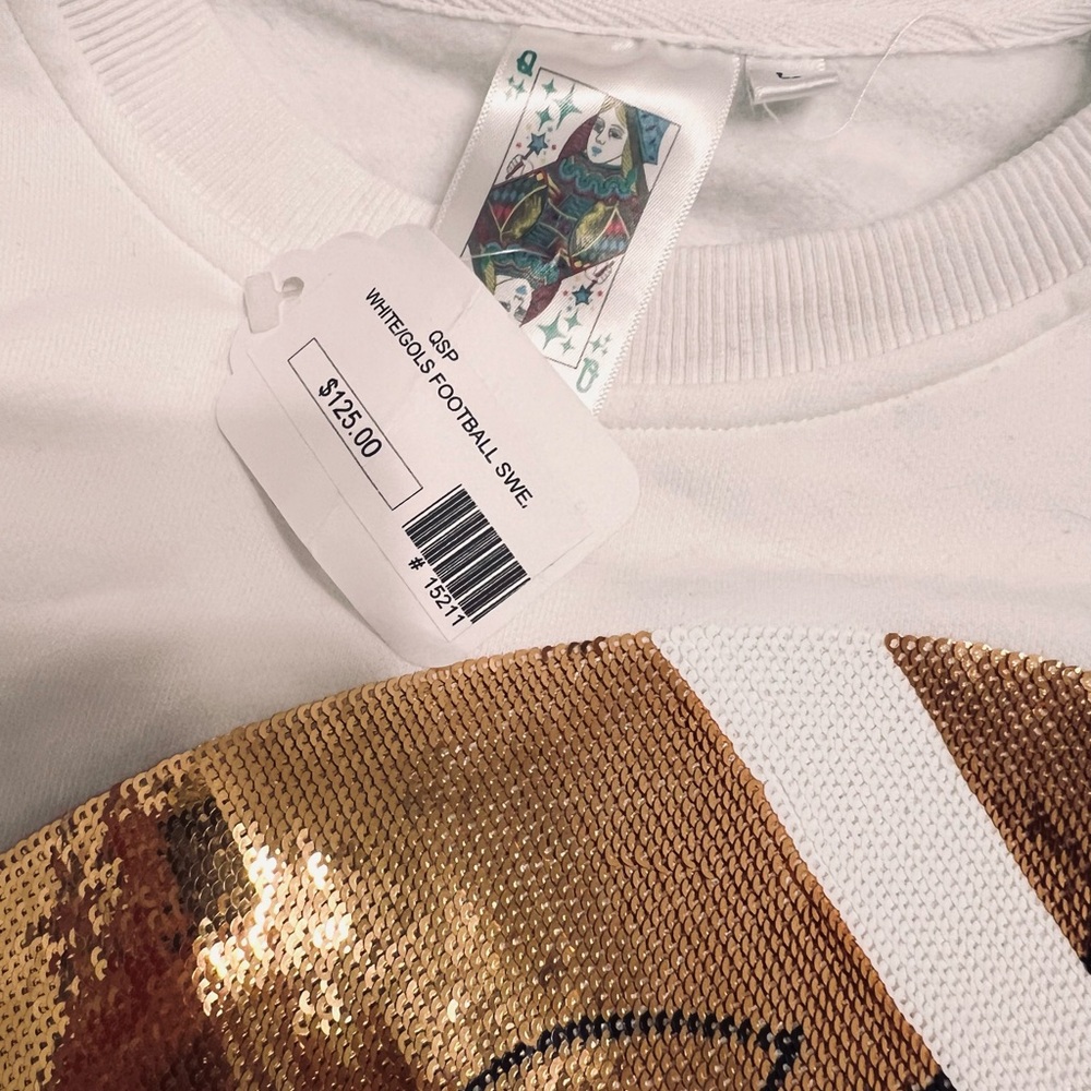 QUEEN OF SPARKLES White Sweatshirt with Gold Sequin Football - Picture 3 of 4
